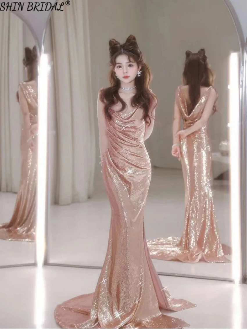 

SHIN BRIDAL Simple Mermaid Evening Dresses for Women Spaghetti Straps Luxury Prom Dresses Strapless Bling Bling Wedding Dresses