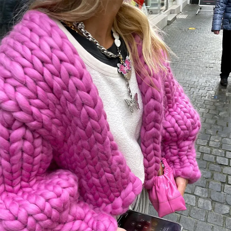 Elegant Coarse twisted Women's Knitted Cardigans V-Neck Lantern sleeve Casual Short Outwear Fashion High Street Tops For Women 5