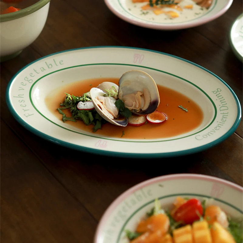 Ceramic Tableware Set Dinner Plate Rice Bowl Dishes Cute Simple Letter Printing Round Plate Home Party Tableware Warmhouse Gift