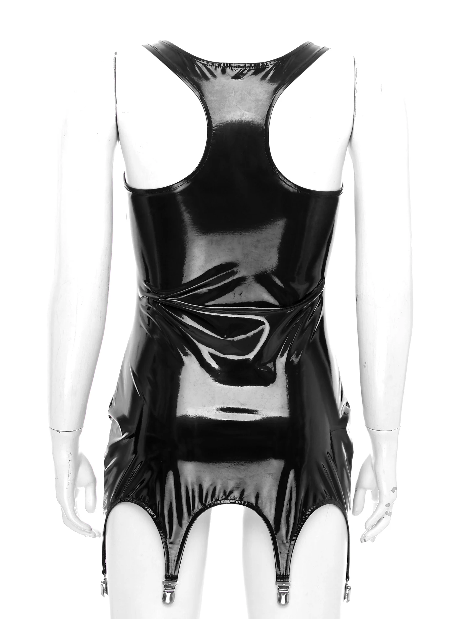 Wetlook Womens 특허 가죽 오픈 가슴 드레스 섹시한 파티 Clubwear 중공 젖꼭지 민소매 지퍼 미니 드레스 (가터 클립 포함)