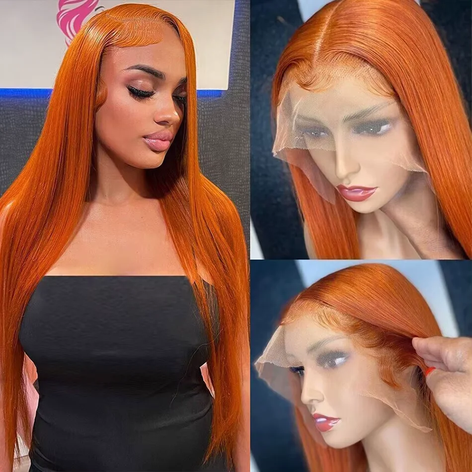 13×6 perruques droites de cheveux humains avant de dentelle orange gingembre HD # Perruque frontale en dentelle colorée 350 cheveux vietnamiens pré plumés pour les femmes