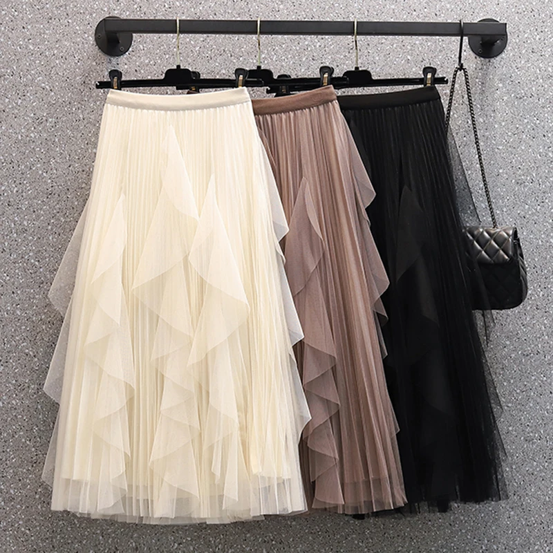 Faldas de diseño de malla con volantes para Mujer, faldas sencillas informales de línea A, estilo coreano de oficina, novedad de 2022 - AliExpress