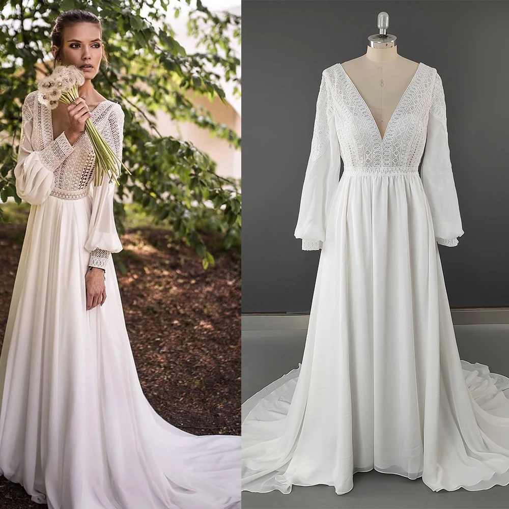 

Шифоновое платье с длинным рукавом «Бишоп», уличное свадебное платье с V-образным вырезом, трапециевидного силуэта, с вырезом лодочкой, кружевной наряд невесты в стиле бохо, на пуговицах, для леса