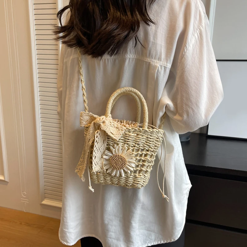 Luxury Designer Lace Bow Straw Weave Women's Handbag casual Crossbody Bag Small Bucket Tote Summer Beach Bag