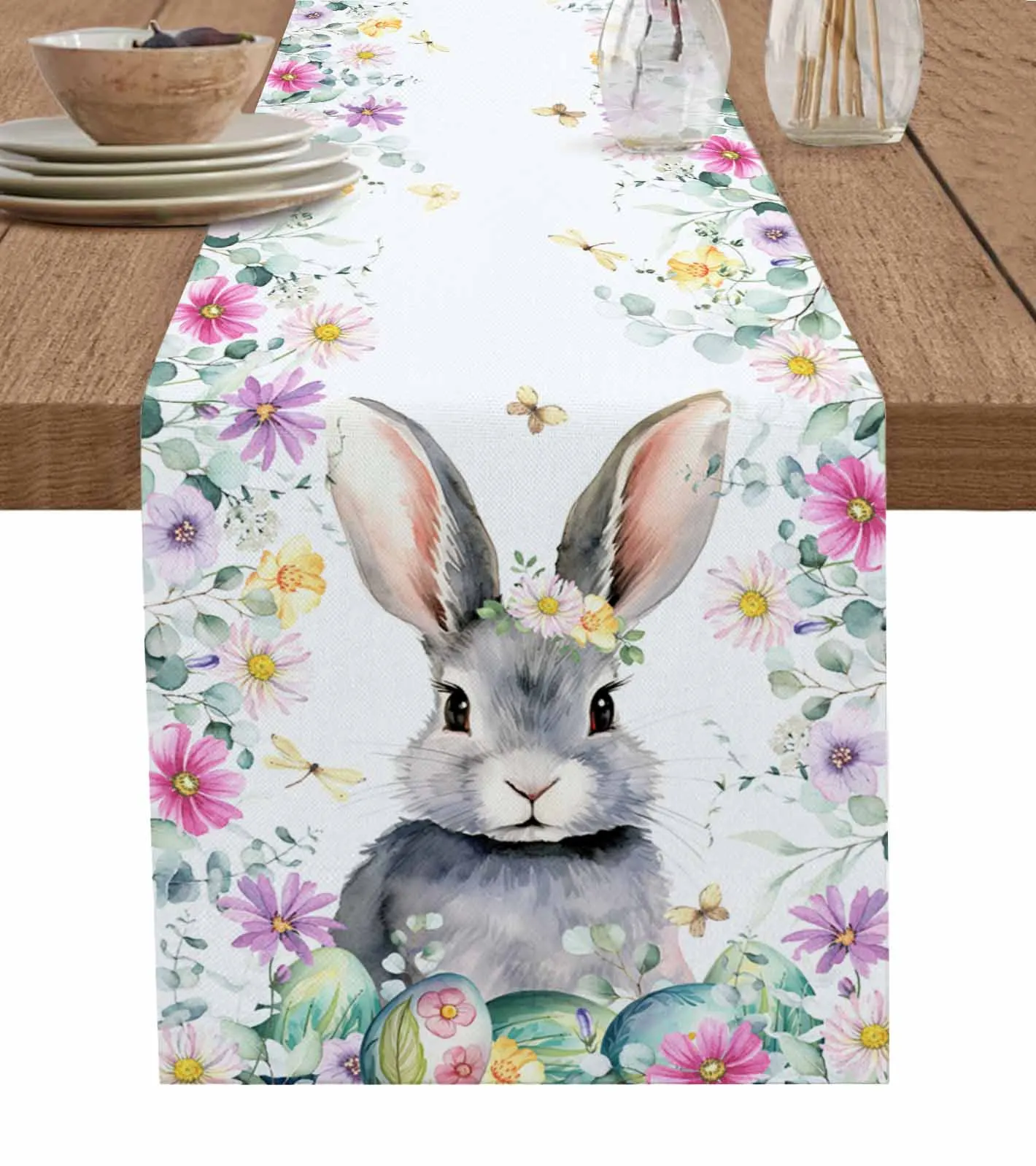 

Easter Spring Flowers Bunny Table Runner Wedding Decor Table Runner Holiday Dining Table Decor Linen Tablecloth