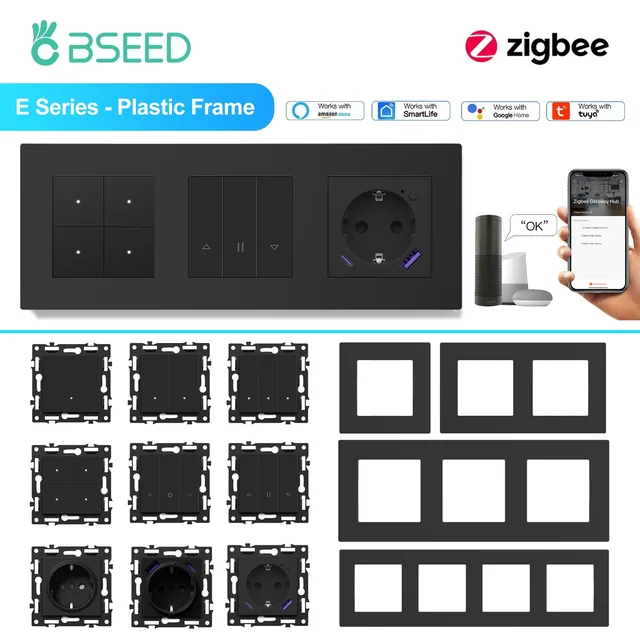 BSEED Zigbee Mechanical Light/Roller Blinds/Dimmer Tuya Smart Switches EU/FR Power Socket Modules Matte Plastic Frames DIY Parts