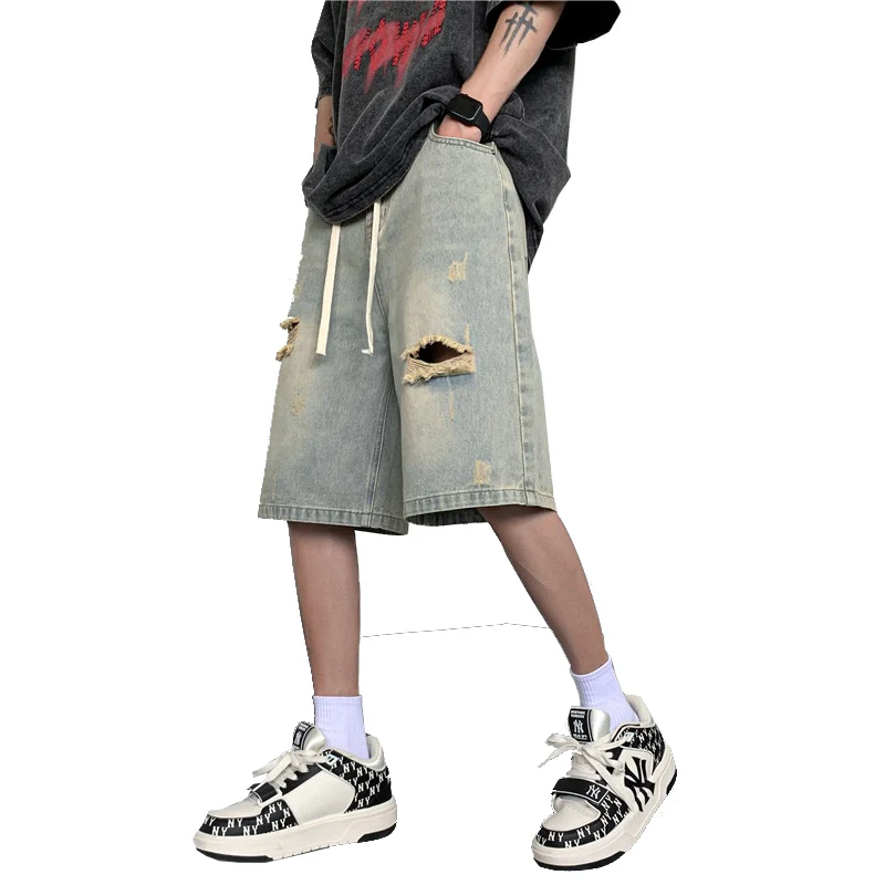 Men Jeans Shorts Ripped Summer Japanese Hip Hop Streetwear Harajuku Denim Bermuda