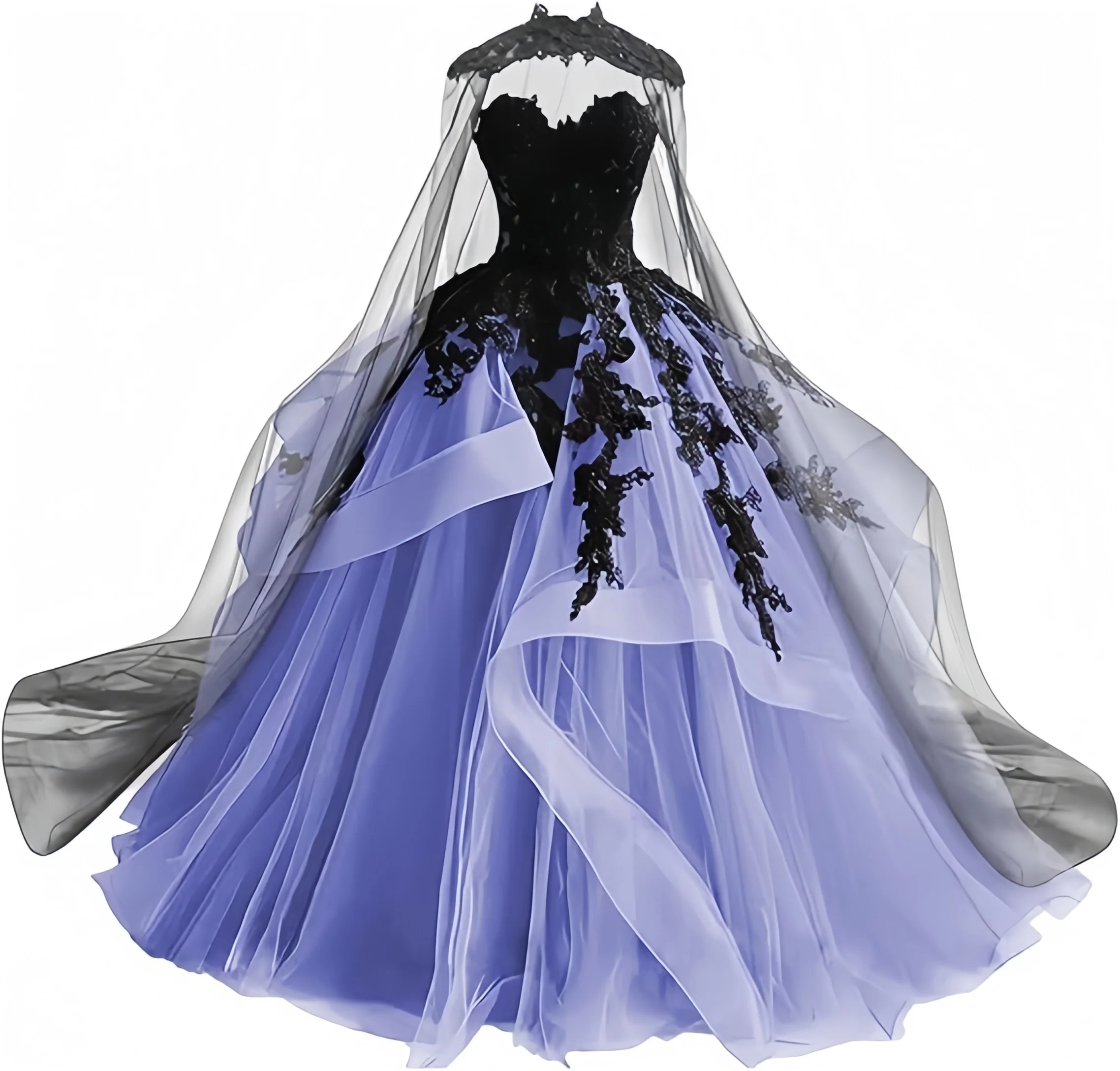 Abiti da sposa gotici vittoriani in tulle per la sposa Abiti da sposa in pizzo nero Abito da sposa gonfio senza spalline con mantello - immagine 5