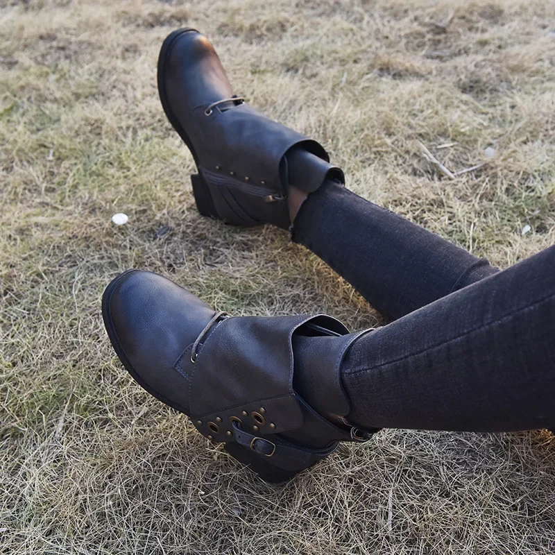 Women's Ankle Boots Women Female Autumn and Winter Retro Low Heels Ladies PU Leather Shoes Vintage Zip Boots Drop Shipping 2024