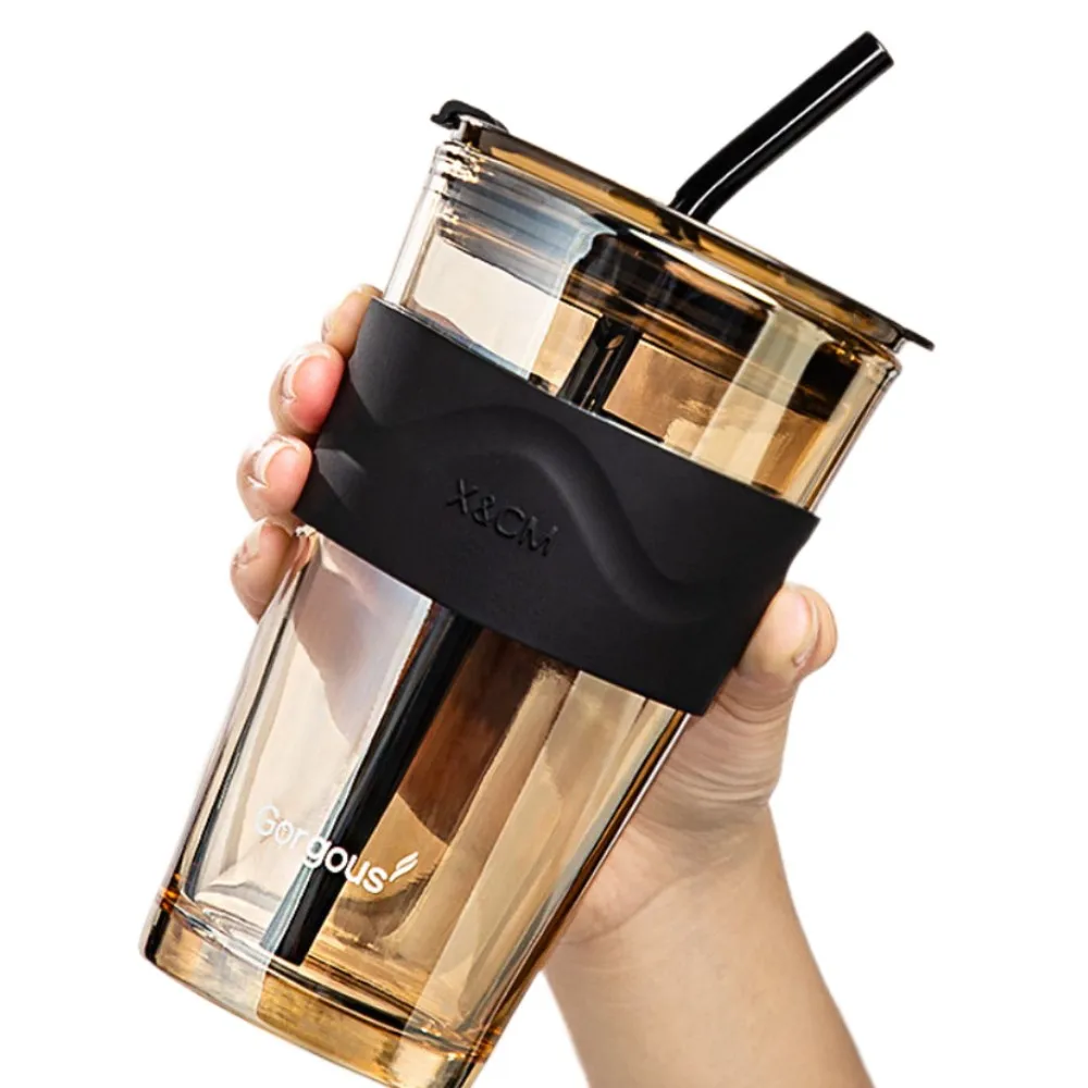 

450ml Coffee Glass Cups with Lids and Straws Thick Glass Mug Heat-Resistant Milk Juice Water Cup Drinkware Travel Non-slip Set