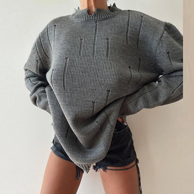 

Vintage Solid Ripped Design Tassels Sweater Women Casual O Neck Knitwear Top Pullover Winter Long Sleeve Loose Sweatshirt Jumper