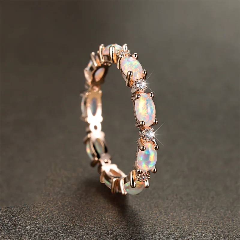 Boho Female Small Oval Stone Ring Fashion Rose Gold Silver Color Wedding Rings For Women Blue White Fire Opal Engagement Ring