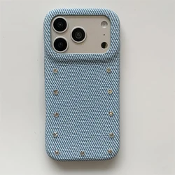 Luxury Rhinestone PU Leather Phone Case with Hybrid PC Protection - iPhone 15 (Mint Blue Denim)