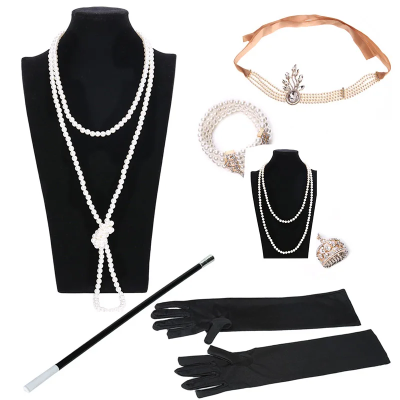 

1920s Accessories SetArt Deco Flapper Style Women Headpiece,Bracelet,Necklace,Glove and Cigarette Gatsby Vintage Look