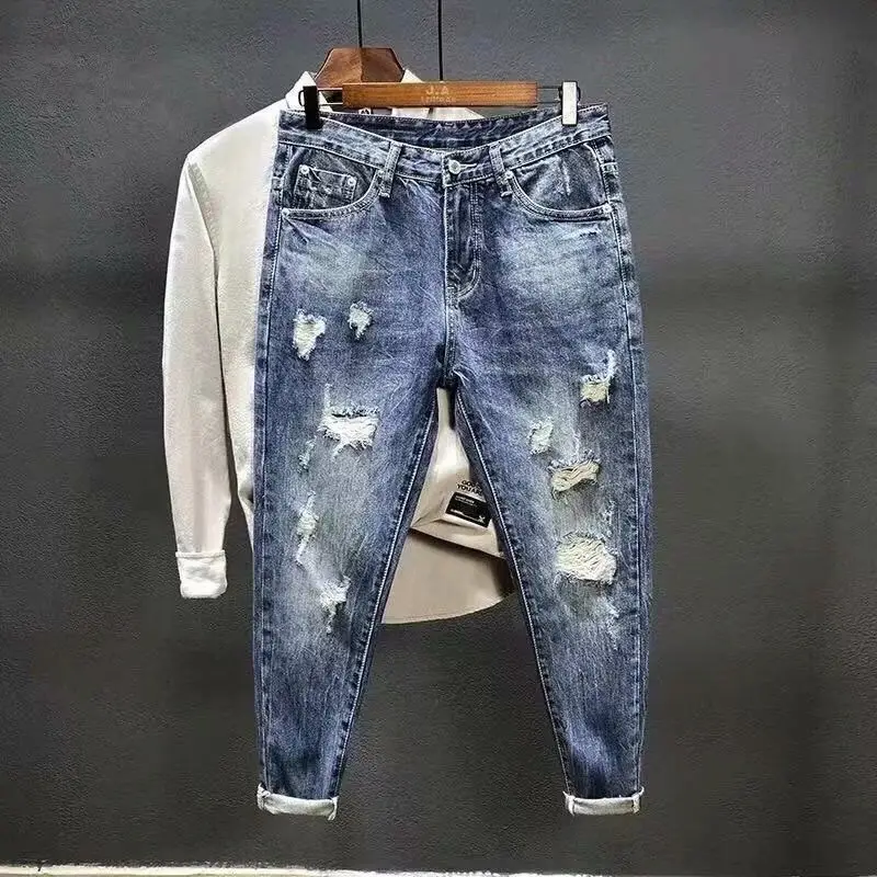 

Fashion Men's Jeans for Spring Autumn with Ripped HOLE Denim Casual Style Loose Straight Blue Cargo Baggy Luxury Harem Pants