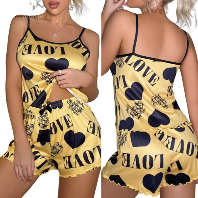 Y2K Sexy Love Heart Print Satin Pajama Set Womens Spaghetti Strap Cami Top Ruffle Shorts Two Piece Sleepwear Loungewear Set