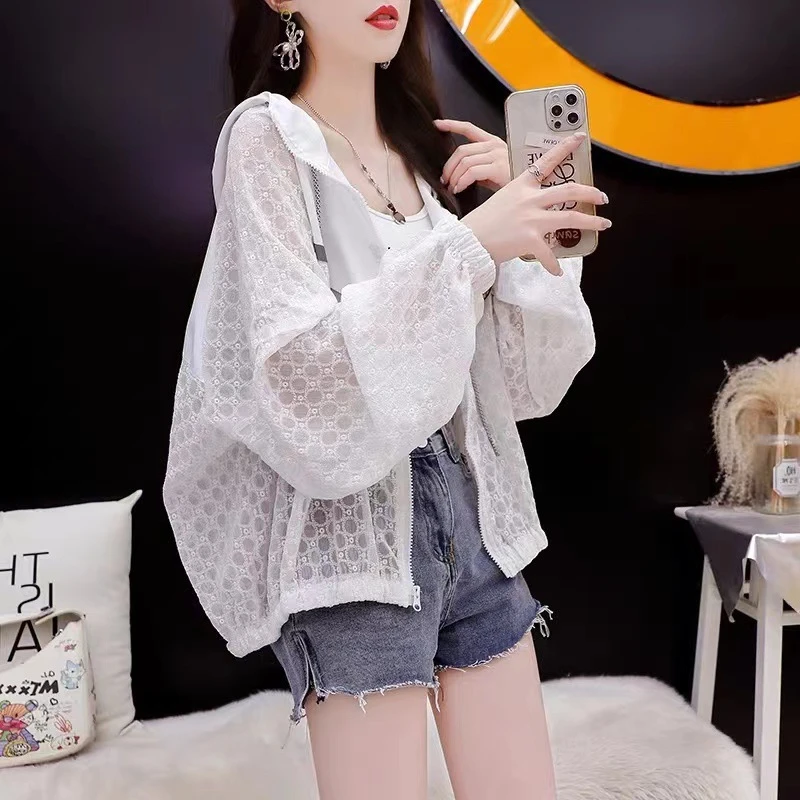 

Womens Summer Sun Protection Clothing Thin Hollow Out Cardigan Fashion Zipper Hooded Outfits