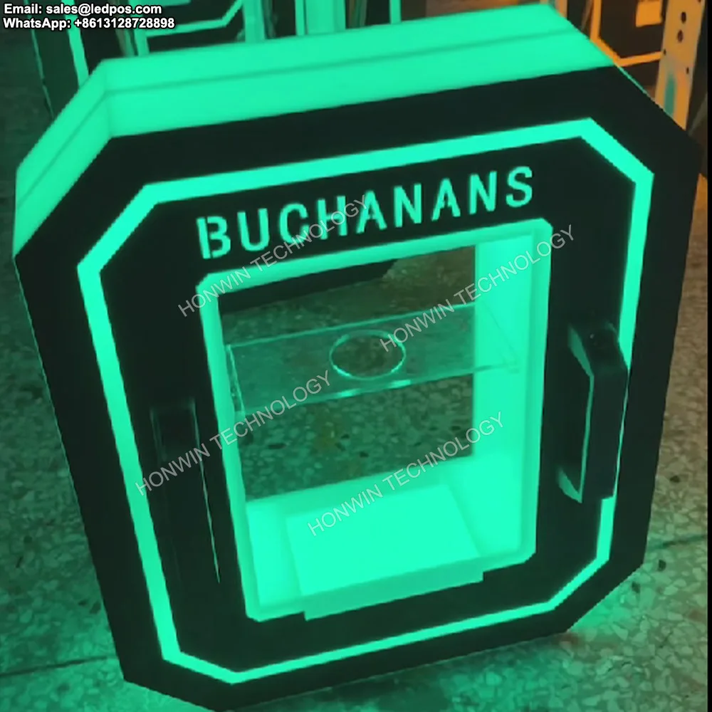 

NIGHTCLUB GREEN LIGHT GLOW LED BUCHANANS WHISKY BOTTLE PRESENTER SPIRIT LIQUID GLORIFIER WHISKEY NEON SIGN GLORIFIER VIP SERVICE