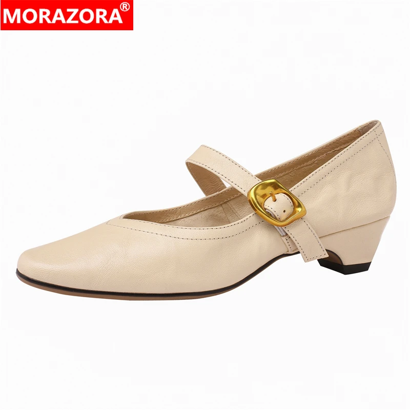MORAZORA 2024 New Sheepskin Genuine Leather Shoes Women Pumps Mary Janes Mid Heels Spring Summer Ladies Office Dress Shoes