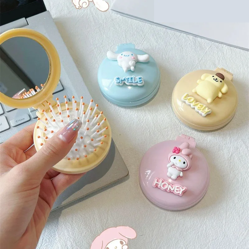 

Kawaii Sanrio Cinnamoroll Kuromi Mini Makeup Mirror Anime Cartoon Me Melody Pom Pom Purin Creative Folding Airbag Portable Comb