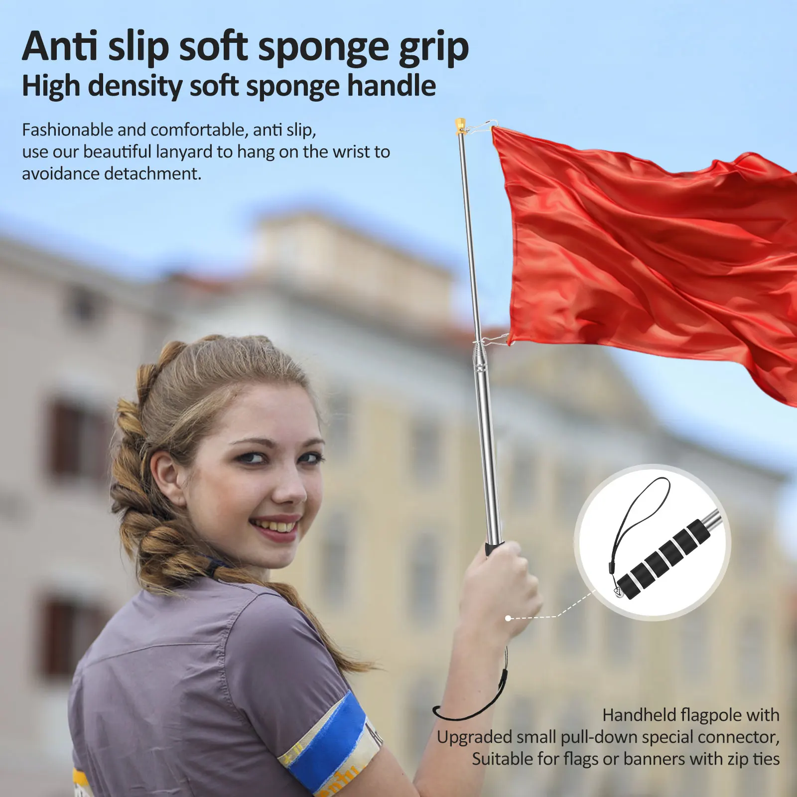 2Pcs Portable Telescopic Flag Pole 2/2.5/3M Stainless Steel Handheld Flag Pole with Spring Carabiner & Clip Tour Guide Flag Pole