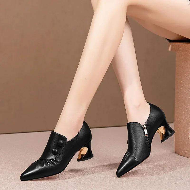 Thick Heel Fashion Shoes Women 2025 Spring and Autumn New Pointed Toe Deep Mouth Sexy Striped Fashion High Heels Women’s 5