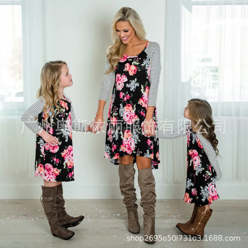 

Family Matching Flower Print O-Neck Striped Long Sleeve Dress Mommy and Daughter High Waist Spring Summer Fall Dress NO28-35