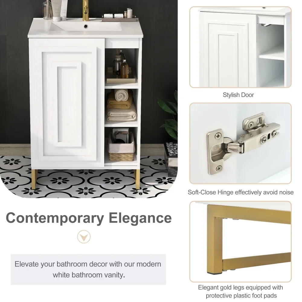 24 Inch White Bathroom Vanity Sink Combo for Small Space, Modern Design with Ceramic Basin, Gold Legs and Semi-open Storage