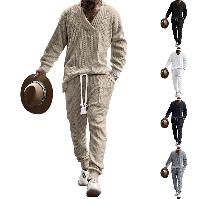 2025 cross border new men's casual trousers v neck versatile jacquard knitted sweater set 2025 Cross-border New Men's Casual Trousers V-Neck Versatile Jacquard Knitted Sweater Set 2