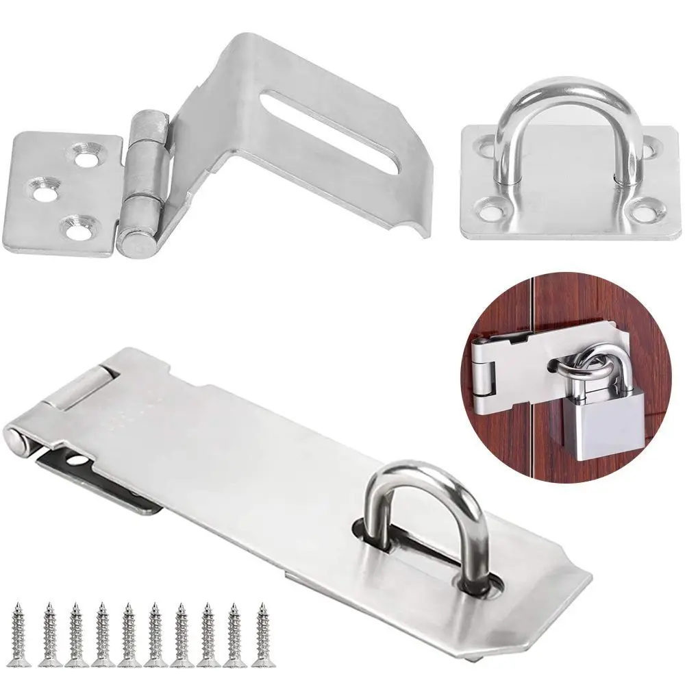 Description Picture 2 of itemStainless Steel Padlock Hasp Door Clasp Lock Right Angle Shed Gate Latch Burglar-proof Bolt Door Buckle with Mounting Screws