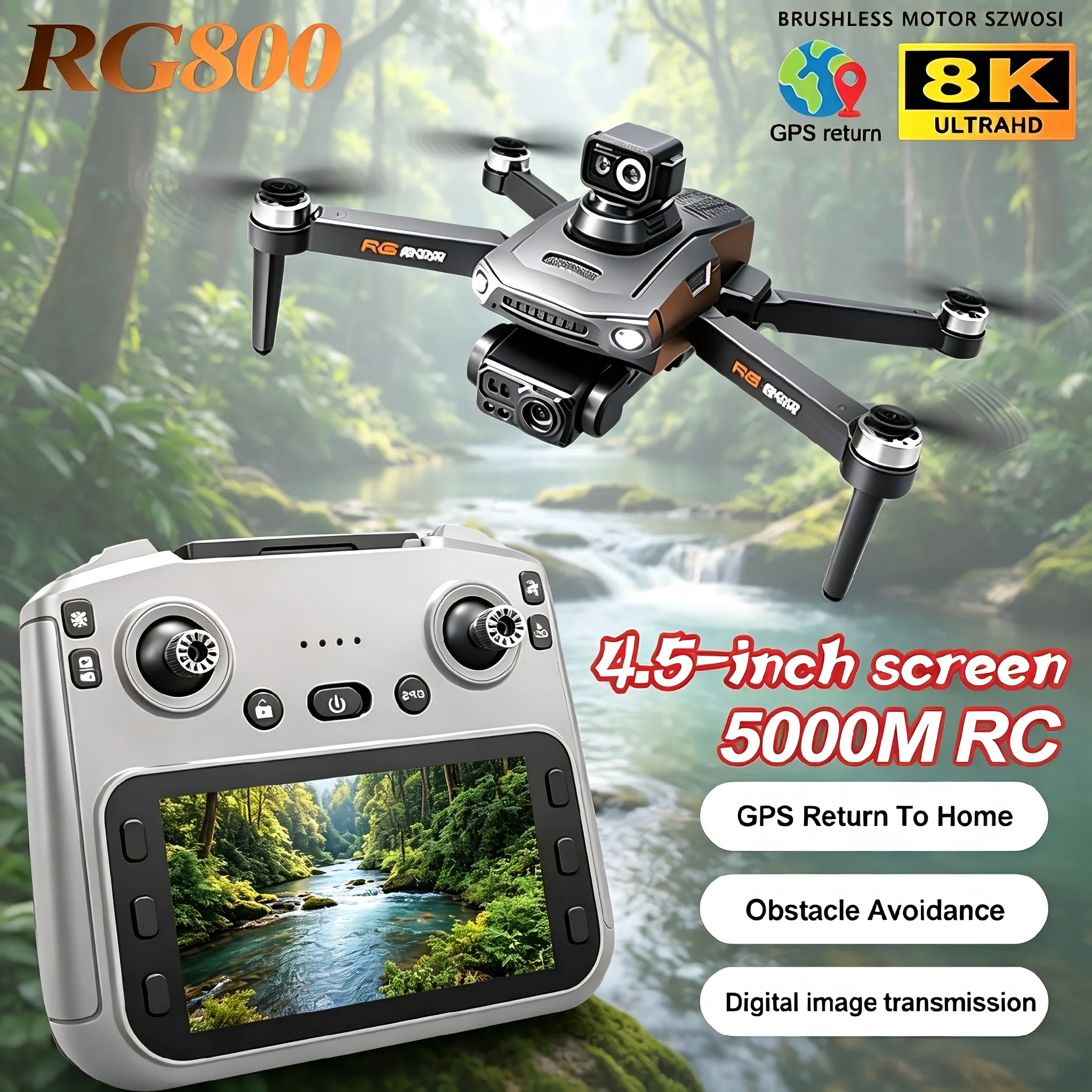 Drone GPS RG800 MAX Professionnel 8K FPV avec Écran et Radiocommande en vol au-dessus d'un champ