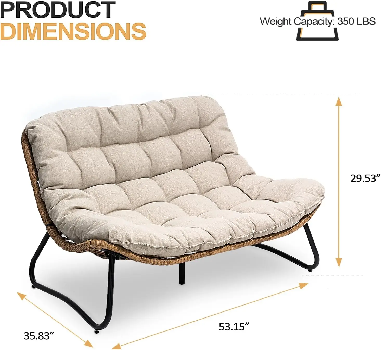 Outdoor Loveseat, 2 Seater Outdoor Couch with Soft Cushion, All-Weather Boho Rattan Patio Furniture