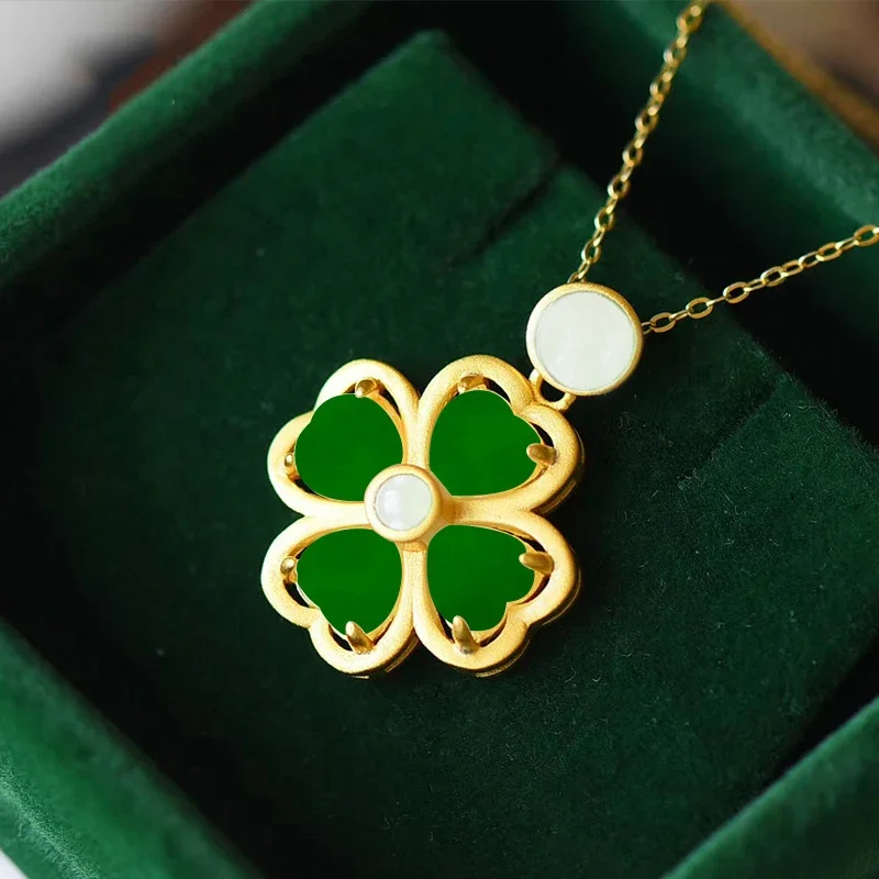Pendant Necklace Natural Hetian Jade Clover Pendant Necklace 925 Silver Jewelry for Women