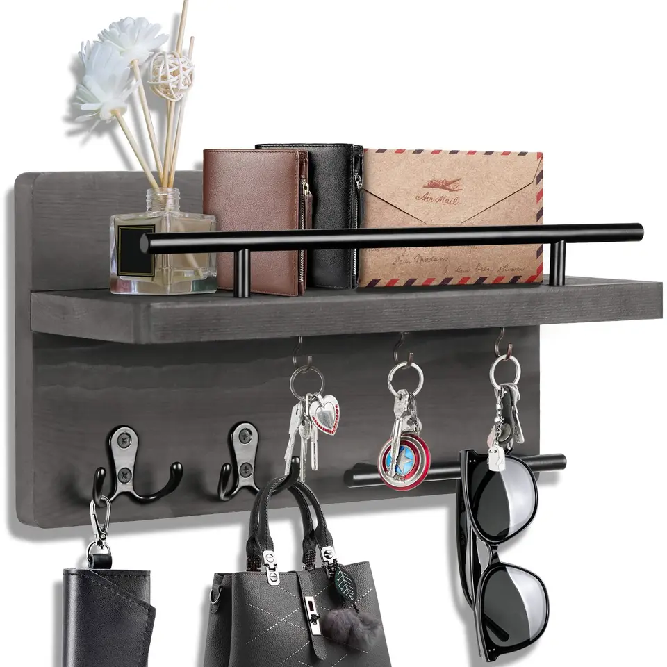 NSCMQSL Sleutelhouder voor muur, decoratieve sleutel en postorganizer, wandmontage, hangend sleutelrek voor enterway-decoratie en keuken en met 6 stevige sleutelhaken (zwart