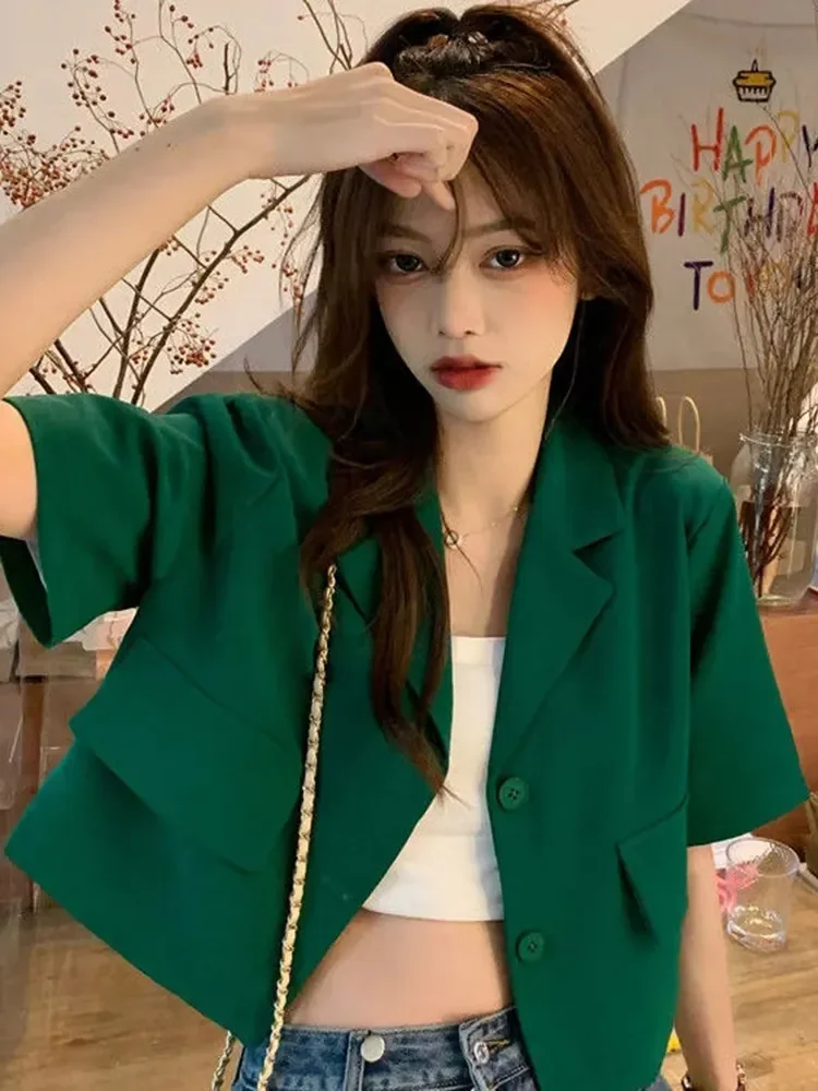 

Korean Women Thin Blazer Summer Short Sleeve Single Breasted Coats Fashion Turn Down Collar Female Short Jacket