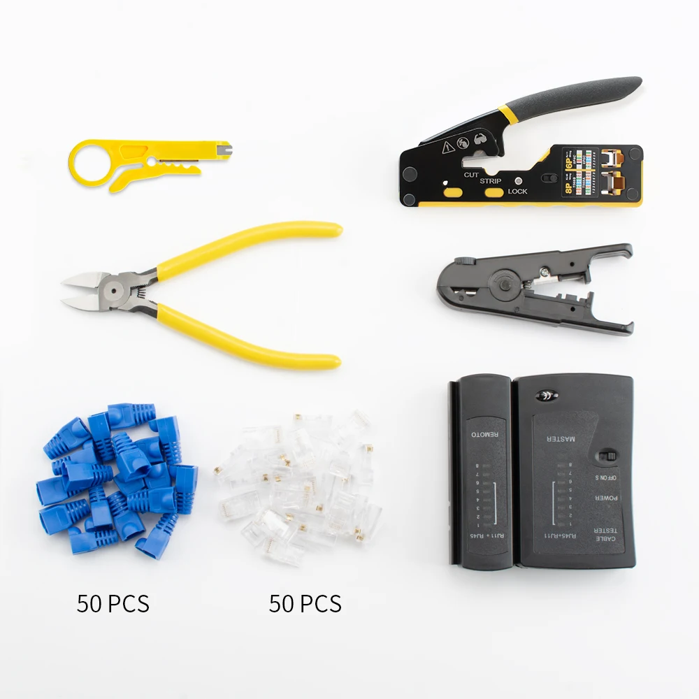 RJ45 크림프 툴 키트, 크림퍼 도구, 케이블 테스터, 와이어 커터, 50개 Cat 6 커넥터 및 스트레인 릴리프 부츠 포함