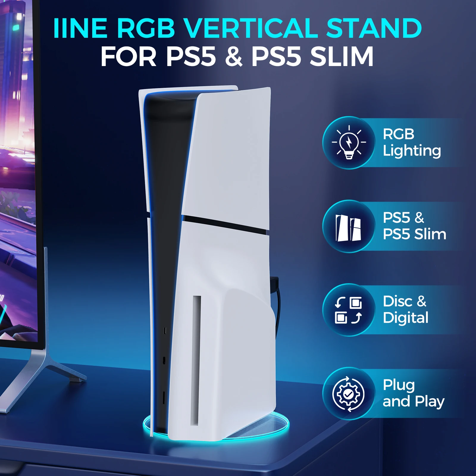 IINE RGB Vertical Stand for PS5 & PS5 Slim RGB Lighting Disc & Digital Plug and Play Easy Snap-in Installation