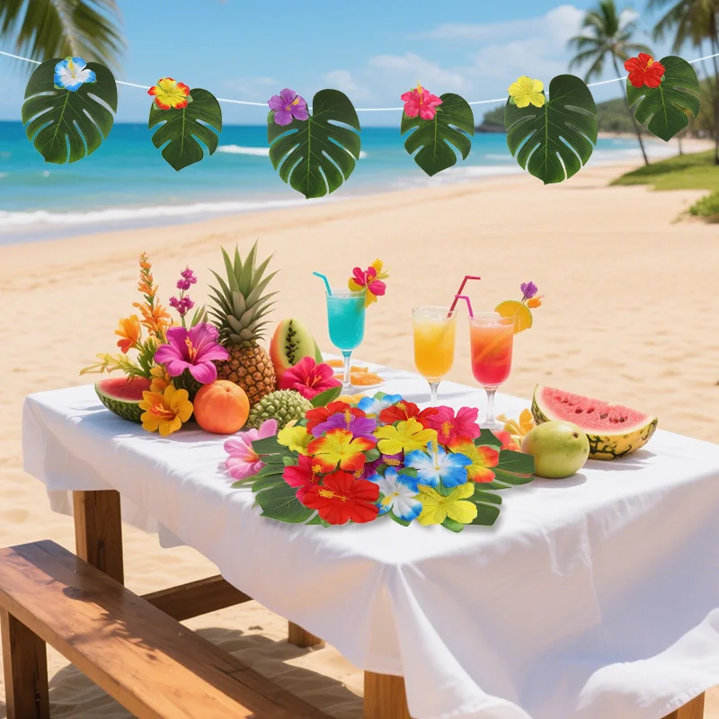 12/30pcs Artificial Tropical Palm Leaves Hibiscus Flower for Hawaiian Luau Tropical Party Table Decoration DIY Wedding Birthday
