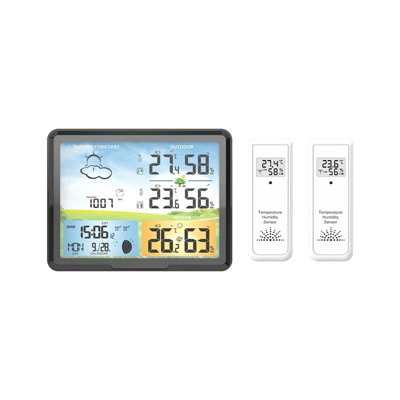 

Wireless Weather Station 7" Colorful LCD Indoor Digital Thermometer Hygrometer Moon Phase Barometer Alarm Clock Forecast Sensor