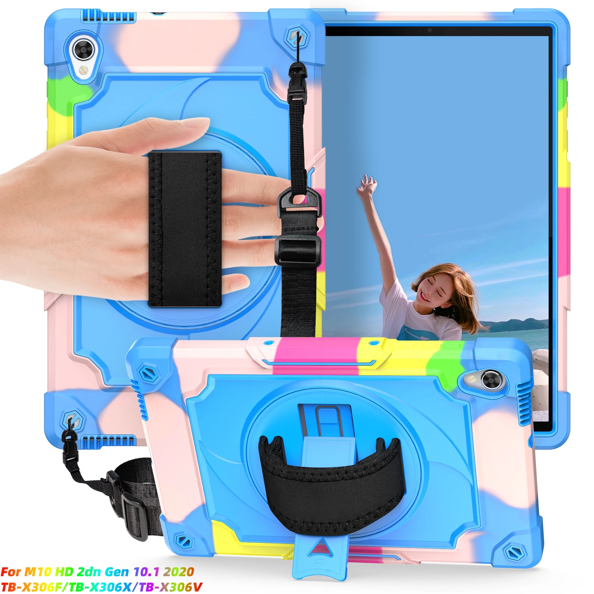 Heavy Duty Shockproof Tablet Case with 360° Rotatable Kickstand, Hand Strap, and Shoulder Strap
