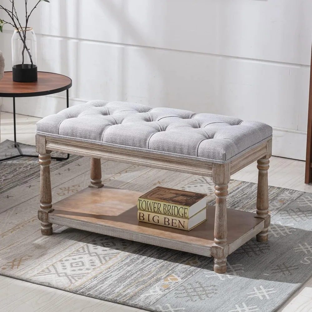 Farmhouse Tufted Storage Ottoman Bench with Shelf, 31.5" Width Linen Upholstered Entryway Shoe Ottoman Foot Stool 2