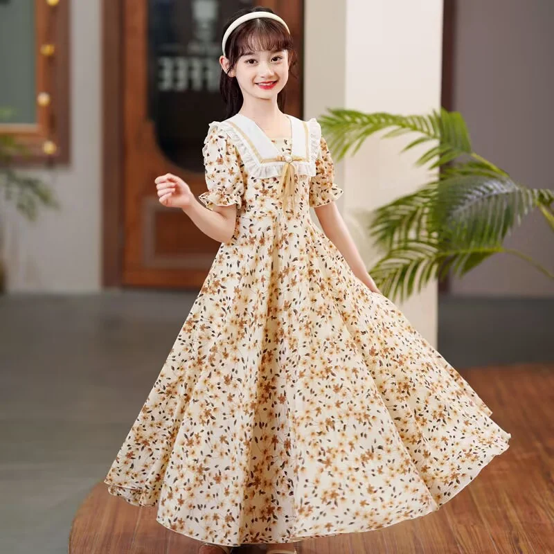 thumbnail image 1 of Vestido largo de verano para niñas, manga corta, flor, copo de nieve, ropa para niños, vestido de princesa de verano, tela de poliéster de estilo coreano, 1 of 4