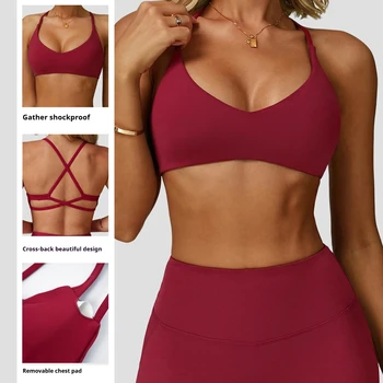 Sports Bra High  Support Women Gym Underwear Push-up Back Cross Yoga Crop Top Running Workout Fitness Pilates Solid Color 1
