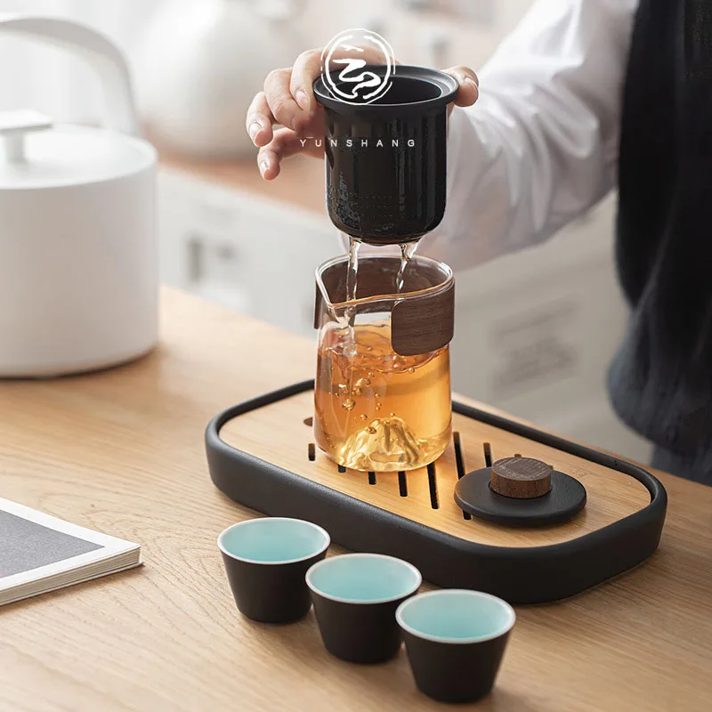 Retro Black Pottery 1 Pot 3 Cups Tea Set Outdoor Ceramic Travel Teaware Portable Glass Teapot with Filter Kung Fu Tea Maker Set