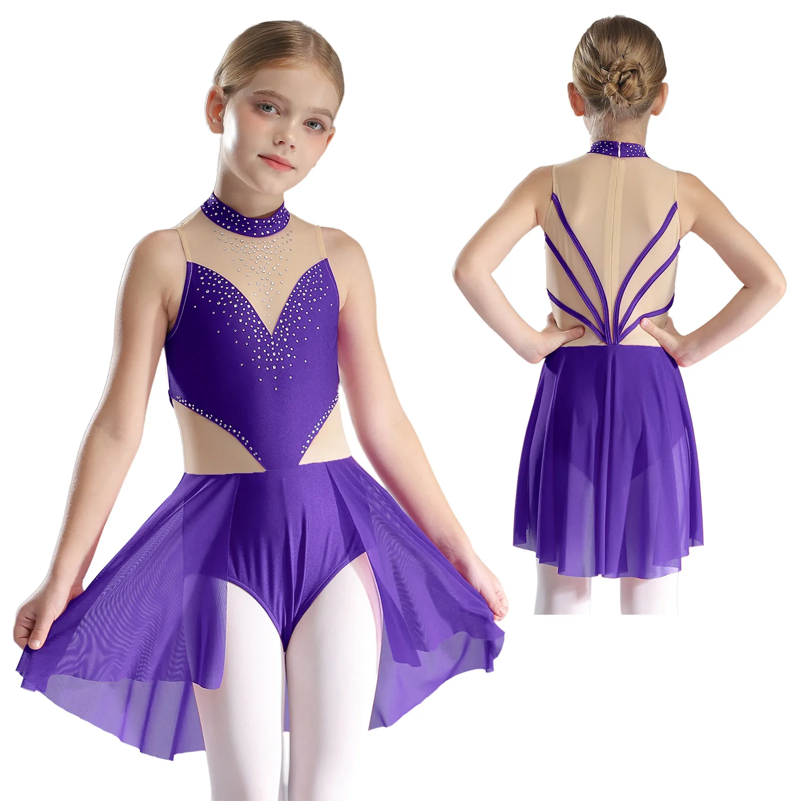 thumbnail image 1 of Niños Niñas patinaje artístico Ballet danza lírica disfraz de actuación diamantes de imitación brillantes malla transparente leotardo con falda Ropa de baile, 1 of 5
