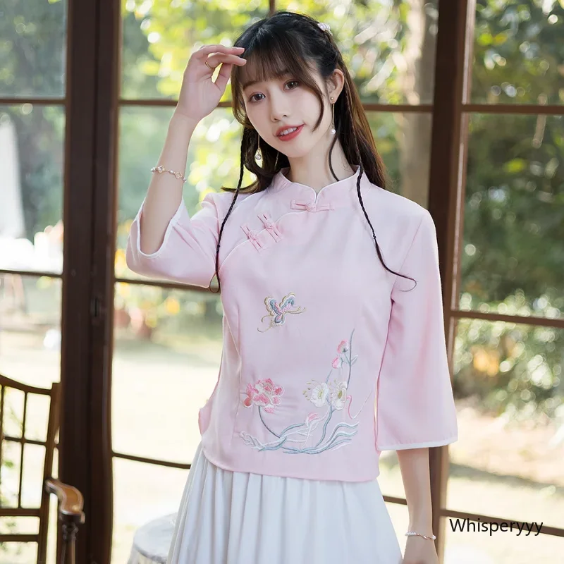 

Топ Чонсам в национальном стиле, женский ретро костюм Тан, Китайская традиционная одежда, молодежная элегантная приталенная китайская рубашка с вышивкой, новинка