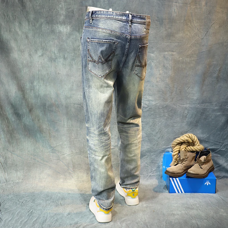Italian Style Fashion Men Jeans High Quality Retro Blue Stretch Slim Fit Ripped Jeans Men Vintage Designer Casual Denim Pants
