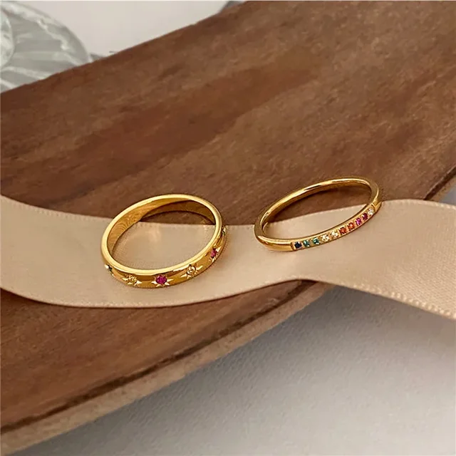 2 pièces/ensemble en acier inoxydable couleur arc-en-ciel cubique Zircon pierre bagues pour femmes INS couleur or étanche étoiles anneau bijoux