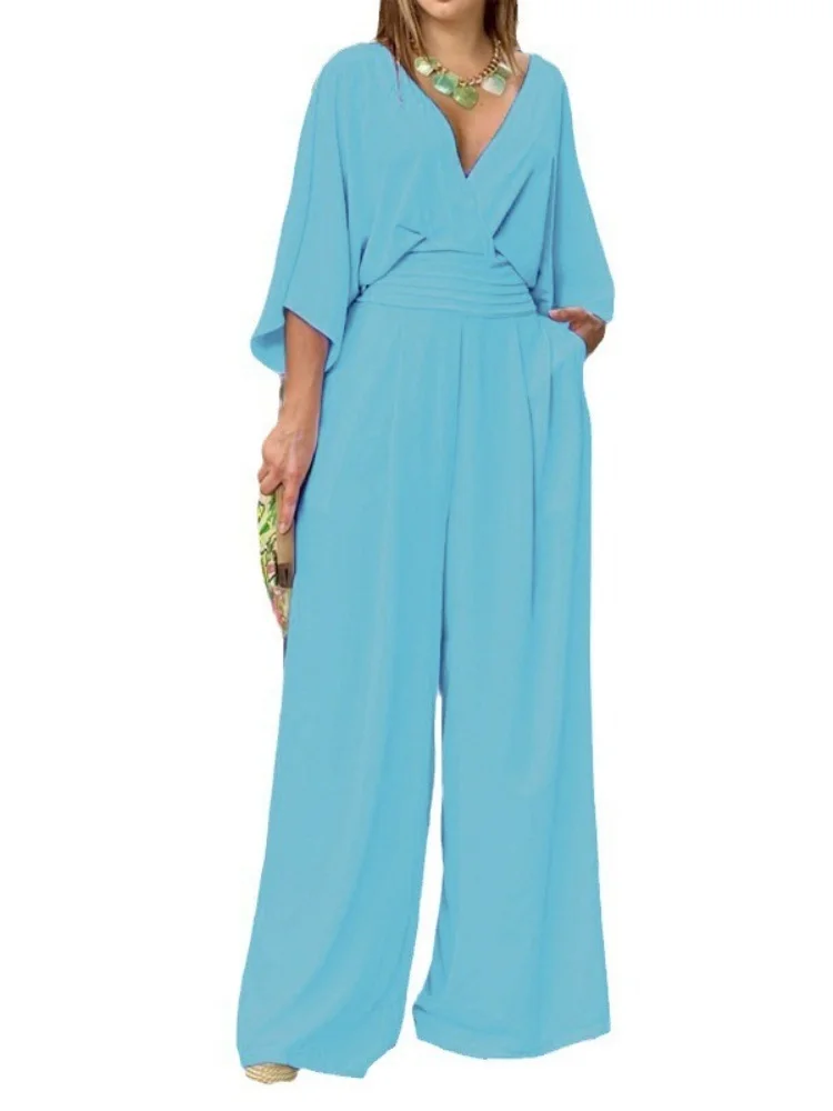 Wmstar Jumpsuits Rompers Women Wholesale Plus Size Woman Instagram Wide Leg Solid Color V Neck Simple Fashionable Jumpsuit
