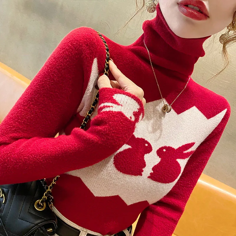 

Womne Red Knitted Cute Rabbit Fashion Sweet Sweaters Spring Long Sleeve Pullovers Turtleneck Comfortable Wool Knitwear Tops